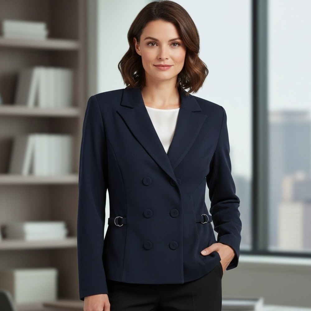 Dorby Blazer Jacket Womens Sz 12‎ Double Breasted Navy Blue Long Sleeve Corpcore